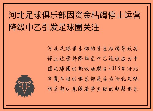 河北足球俱乐部因资金枯竭停止运营降级中乙引发足球圈关注
